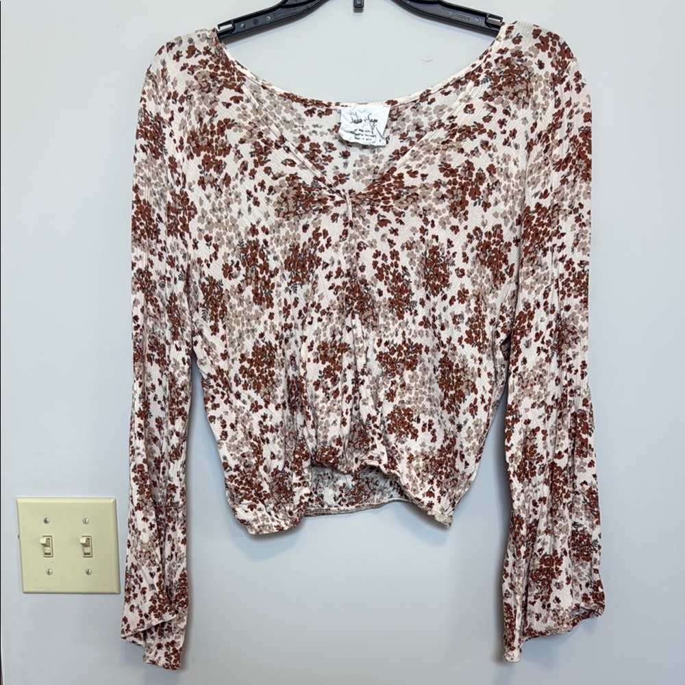 Sadie & Sage Brown and White Smocked Long Sleeve Blouse